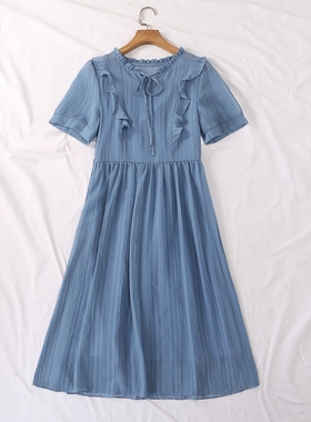 日系夏季新款优雅淑女范鸡心领木耳边高腰大裙摆短袖连衣裙23007