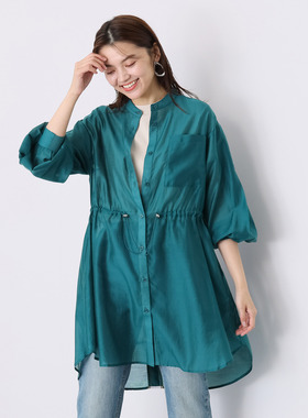 日单品牌春夏新款休闲松紧收腰光泽透视感中长衬衫防晒衣女28424