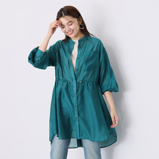 日单品牌春夏新款休闲松紧收腰光泽透视感中长衬衫防晒衣女28424