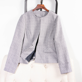日单春秋新款 OL成熟气质优雅圆领金属扣编织小香风外套女27229