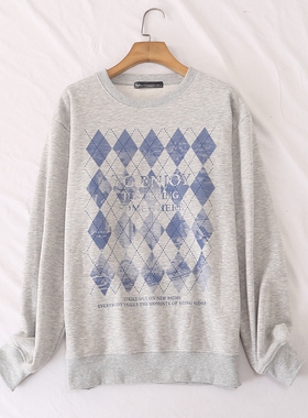 日单秋冬新款简约百搭休闲圆领菱形印花加绒卫衣打底衫男女27095