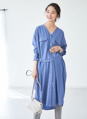 日单品牌春夏新款人造丝柔软亲肤V领系带收腰长袖衬衫连衣裙22951