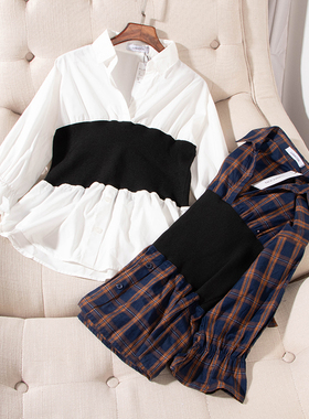 日单春夏新款时尚辣妹设计感V领针织腰封收腰七分袖棉衬衫女28270