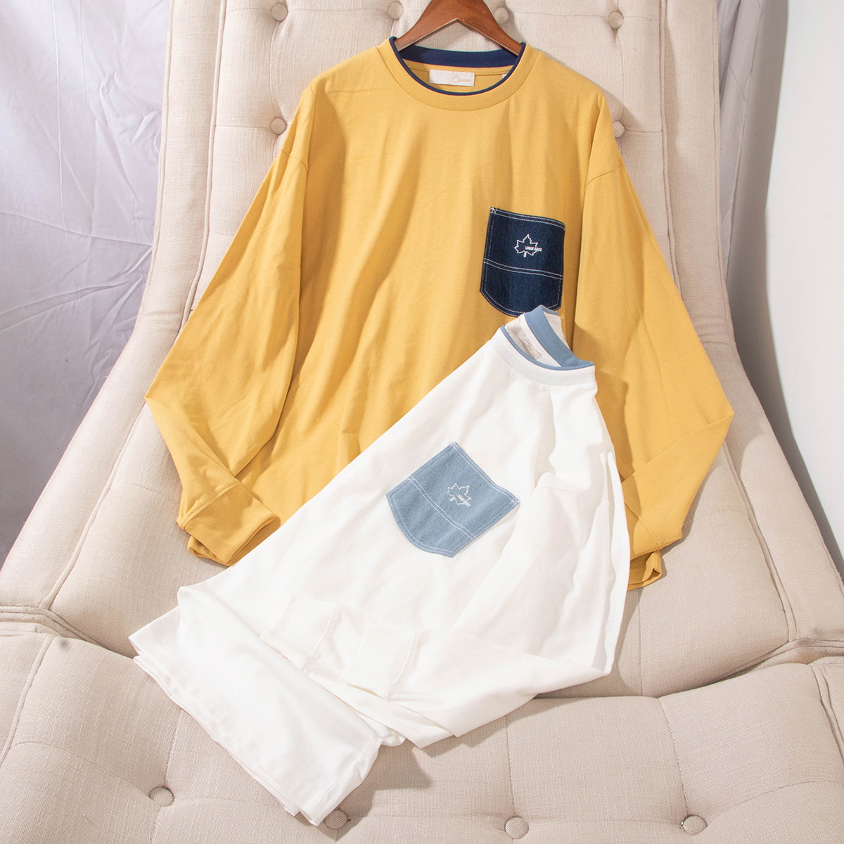 日单秋冬新款休闲百搭拼色圆领牛仔口袋刺绣长袖厚T恤男女29031