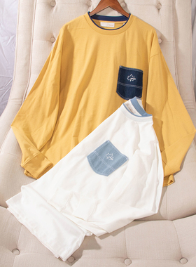 日单秋冬新款休闲百搭拼色圆领牛仔口袋刺绣长袖厚T恤男女29031