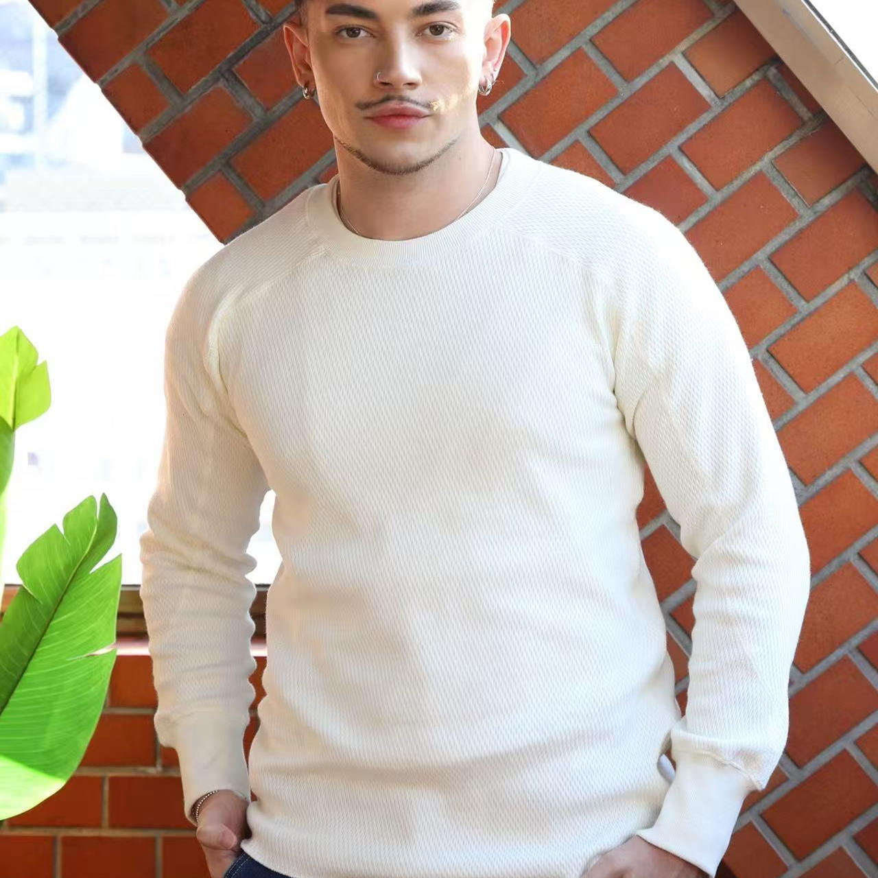 时尚有型华夫格插肩袖棉针织衫