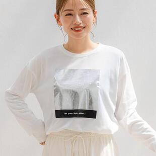 日单品牌LAKOLE春秋新款简单潮范圆领银色方框印花长袖T恤女27510