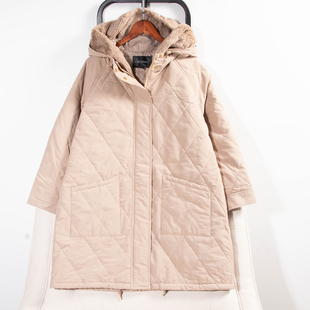 日单冬季新款简约日系休闲保暖连帽前襟加绒绗线中长款棉服31803