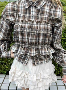 日单品牌春秋新款时尚个性可调节肩带格子印花松紧短款吊带30708