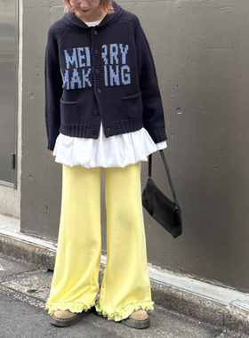 日单CP春秋甜美减龄百搭松紧腰口袋明线华夫格花边喇叭裤女32029