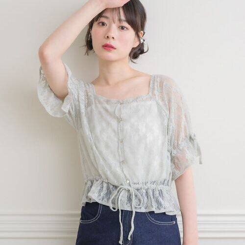 日单夏季新品甜美方领短袖纽扣透视感蕾丝开衫+针织吊带套装28608