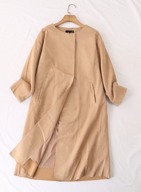 日单品牌春秋新款纯色圆领金属扣口袋中长款麂皮绒风衣外套28013