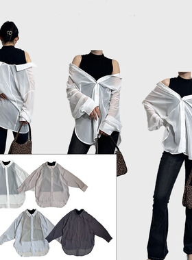 日单品牌春夏新款轻盈飘逸休闲翻领系扣透视长袖衬衫防晒衫29930