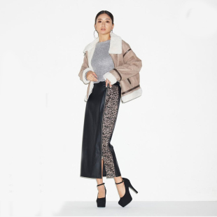 日单秋冬新款 成熟半松紧腰侧拉链拼接豹纹中长薄绒皮裙29954 时尚