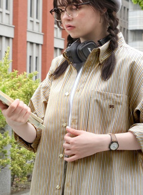 日单品牌春夏新款简约文艺翻领长袖大版条纹刺绣衬衫男女28008