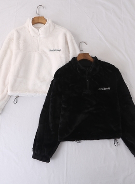 日单秋冬新款温暖软fufu半拉链套头立领字母刺绣毛圈绒卫衣24580