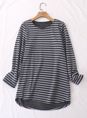 日单秋冬新款时尚百搭圆领长袖圆弧横条内里加绒T恤打底衫23703