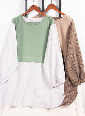 日单秋冬新款休闲文艺百搭撞色拼接圆弧摆加绒假两件连衣裙31563