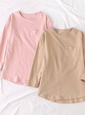 日单春秋新款童装亲子装圆领左胸口袋圆弧棉长袖T恤打底衫19657