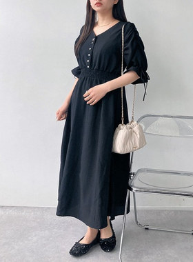 日单品牌春夏季森系减龄格子印花V领珍珠扣松紧腰中袖连衣裙30675