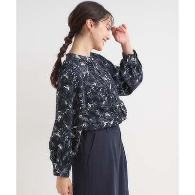 优雅知性圆领百褶前襟长袖雪纺衫