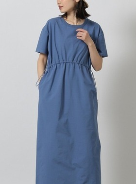 日单夏季新款简约时尚休闲罗纹圆领松紧抽绳腰后开叉连衣裙29614