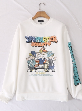 日单秋冬季新款趣味休闲百搭圆领彩色人物印花薄绒长袖卫衣24768