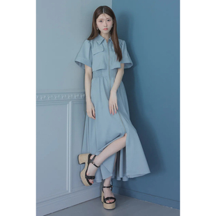 日单贵牌春夏新款气质优雅翻领拉链松紧腰短袖衬衫连衣裙女32012