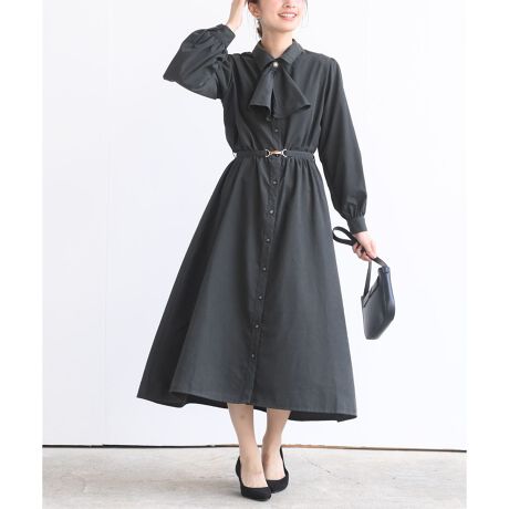 气质翻领系扣松紧腰长袖连衣裙