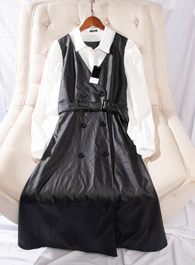 日单春秋时尚气场翻领纽扣装饰皮马甲拼接长袖连衣裙假两件23883