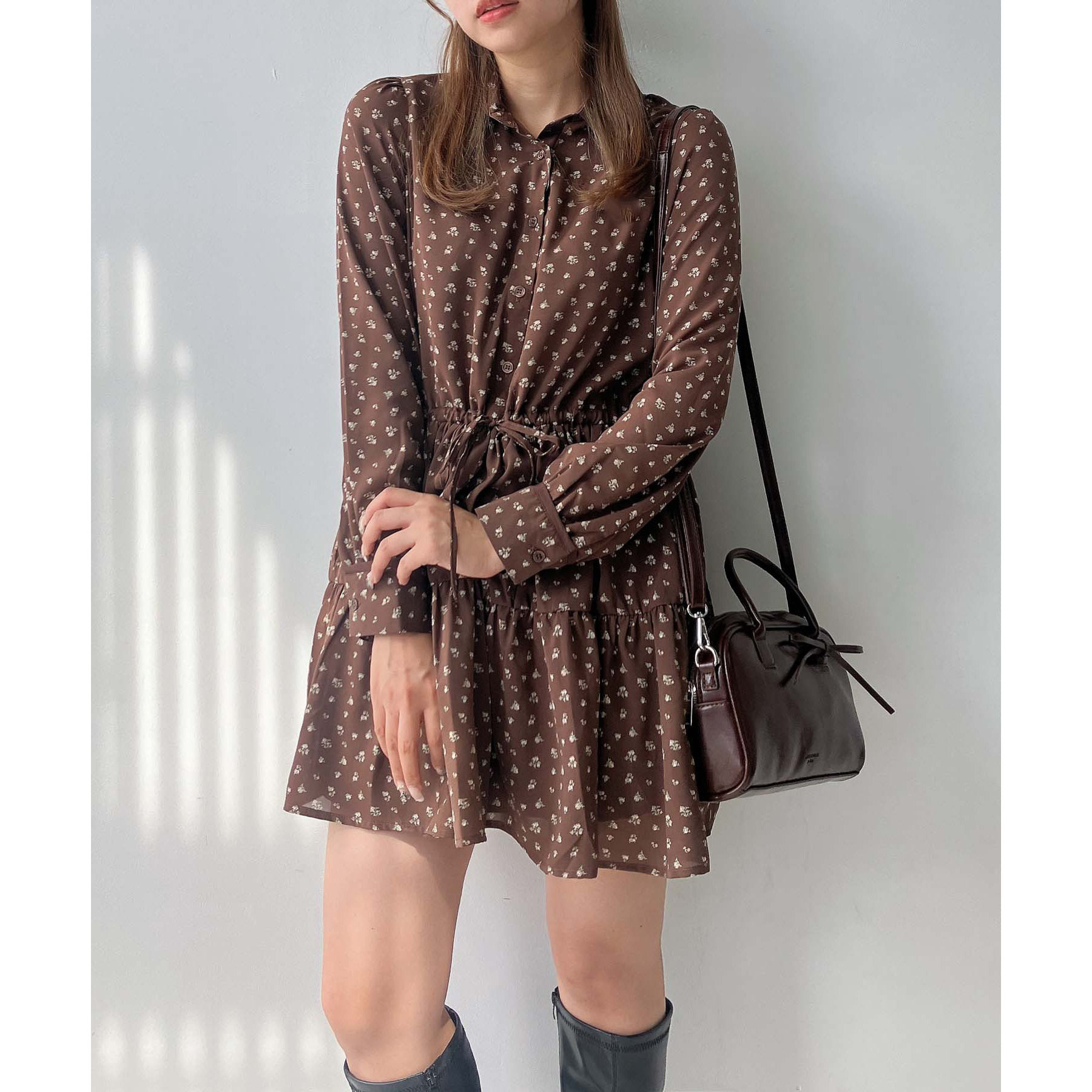 日单as*春夏新款甜美减龄娃娃领系扣收腰抽绳碎花雪纺短裙31508