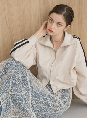 日单春秋新款时尚百搭罗纹高腰双向拉链抽绳松紧尼龙短外套30642