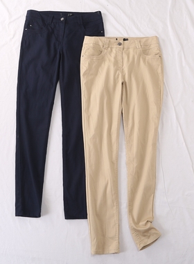 外贸单春秋新款简单纯色休闲百搭中腰一粒扣拉链棉休闲裤女22996