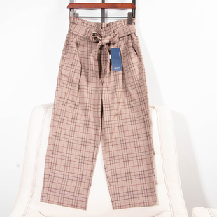 日单春夏新款 女32108 气质百搭半松紧腰带腰带格纹印花直筒休闲裤