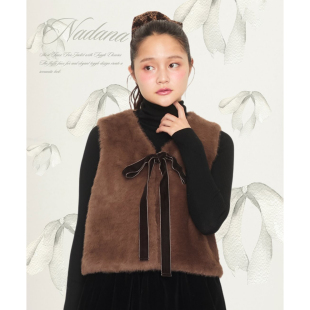 日单品牌春秋新款 洋气甜美减龄v领丝绒系带仿皮草马甲女32262 时尚