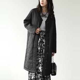 日单品牌冬季新款优雅时尚百搭V领绗线按扣中长款棉衣棉服女28330