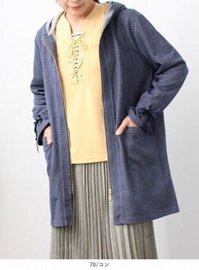 日单春秋新款简约文艺范连帽长袖拉链袖口系带中长款外套女22054