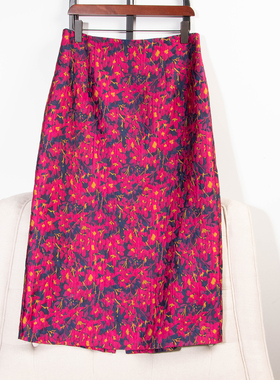 日单品牌秋冬优雅气质百搭半松紧腰花朵提花后开叉半身裙女31413