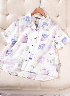 日单童装品牌夏季新款时尚翻领照片印花透视感短袖雪纺衫25453