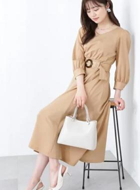 日单品牌春秋新款气质百搭圆领后背拉链收腰七分袖连衣裙女27271