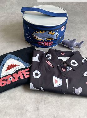 日单chip夏季新款简约休闲翻领短袖鲨鱼鲛印花短袖开衫衬衫29545