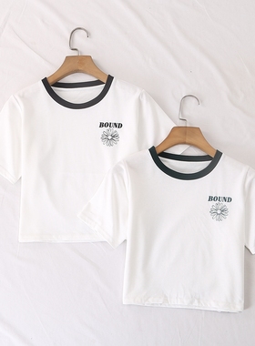 日单品牌春夏新款少女感减龄拼色小雏菊刺绣圆领短袖T恤上衣28452