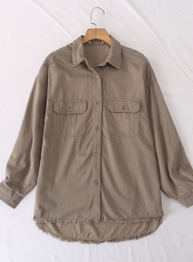 日单春秋新款时尚方领翻盖口袋毛边下摆柔软长袖厚衬衫外套25330