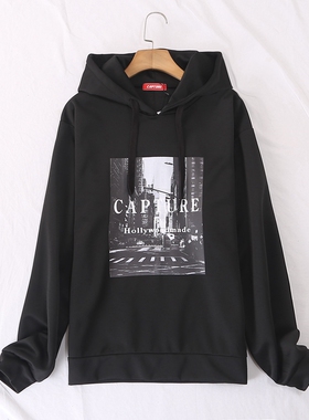 日单春秋新款学院风时尚有型连帽系带胸前胶印长袖卫衣上衣25387