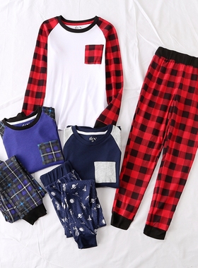外贸秋冬童装格子口袋上衣+松紧腰束脚长裤睡衣秋衣秋裤套装20516