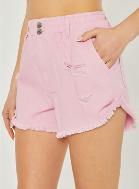 外贸单夏季时尚个性显身材纯色两粒扣拉链破洞毛边牛仔短裤24957