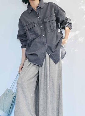 日单品牌春秋新款时尚珍珠扣大版水洗棉牛仔厚衬衫外套女25468