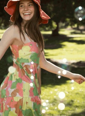 外贸单夏季沙滩度假风可调节吊带彩色花朵后背松紧连衣裙女25473