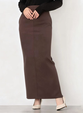 日单品牌秋冬新款优雅淑女纯色后腰拉链后开叉桃皮绒半身裙31755