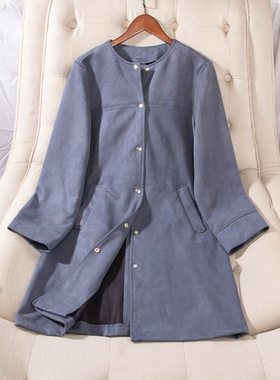 日单秋冬新款简约休闲百搭圆领按扣中长款麂皮绒外套3色女31042